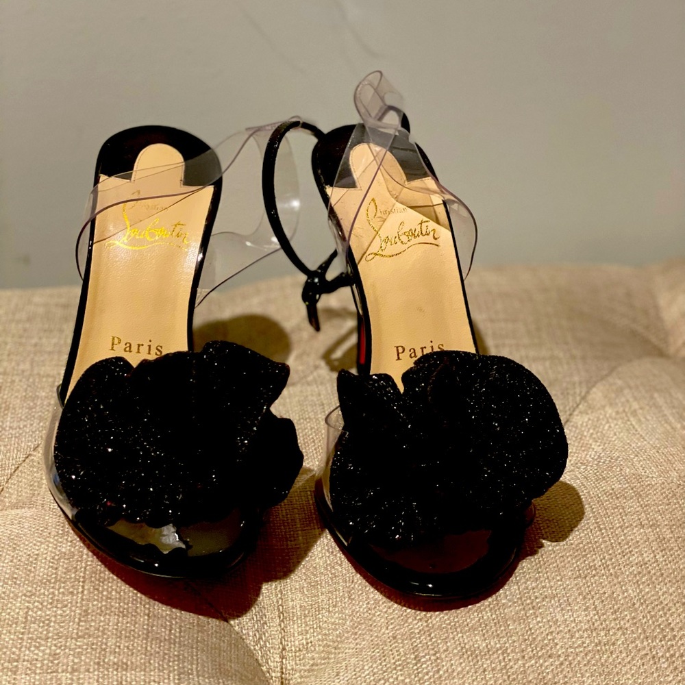 Christian Louboutin Fossiliza 100 Slides Black w/ Clear PVC Size 6/36